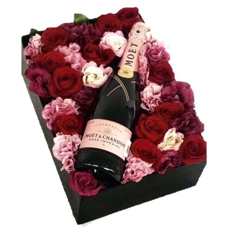 Moet in Blooms Gift Box-Regular (25 stems) & Large (35 stems) & Extra Large (45 stems) & Luxury (60 stems)-Moet & Chandon Imperial Brut Champagne 75cl & Moet & Chandon Rose Imperial Brut Champagne 75cl & Moet & Chandon Nectar Imperial Champagne 75cl & Moe