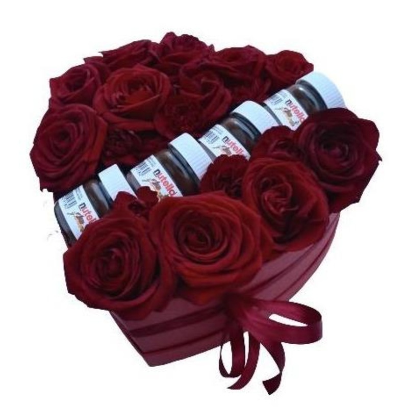 Nutella and Roses in a Box-Small (12 Roses + 4 Nutella) & Medium (24 Roses + 6 Nutella) & Large (36 Roses + 7 Nutella) & Luxury (48 Roses + 9 Nutella)-Red & Pink & White & Peach & Yellow-Red & Black & White & Pink & Gold