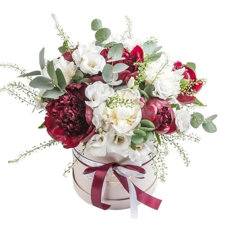 Red and White Peonies Box-Small (5 stems) & Regular (10 stems) & Large (14 stems) & Extra Large (20 stems) & Luxury (24 stems) & Glamour (30 stems) & Exclusive Glamour (35 stems) & Premium (40 stems) & Premium Extra (50 stems) & Posh (65 stems) & Deluxe (