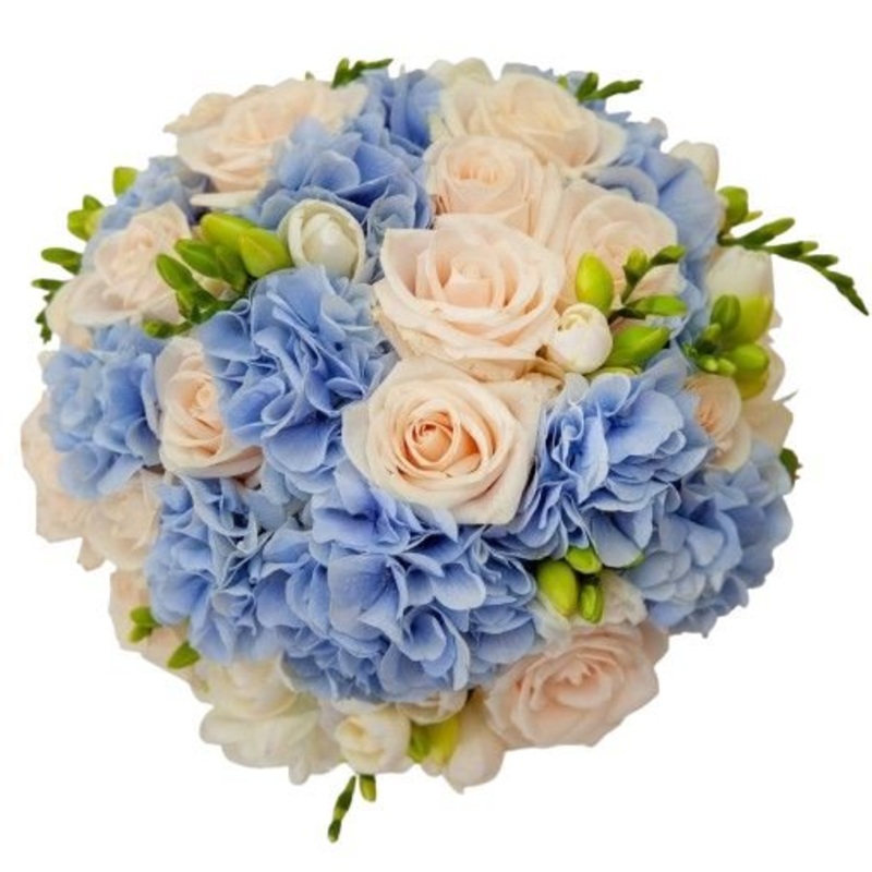 Roses and Blue Hydrangea Bouquet