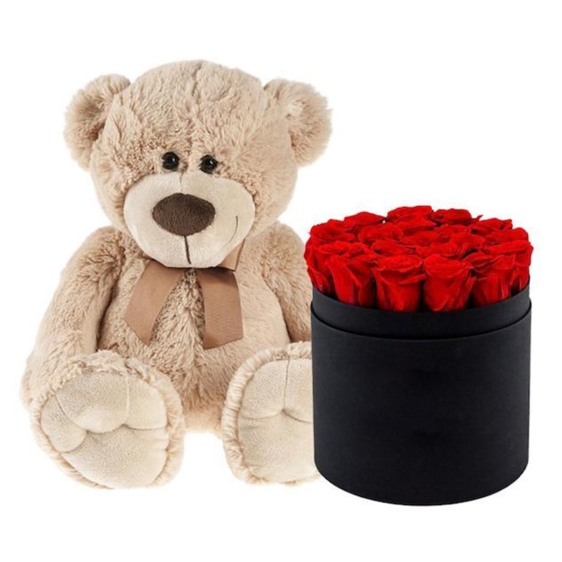 Roses Box and Teddy Bear-Small (10 Roses Box + Teddy) & Medium (20 Roses Box + Teddy) & Large (30 Roses Box + Teddy) & Extra Large (40 Roses Box + Teddy) & Luxury (50 Roses Box + Teddy) & Glamour (75 Roses Box + Teddy) & Exclusive Glamour (100 Roses Box +