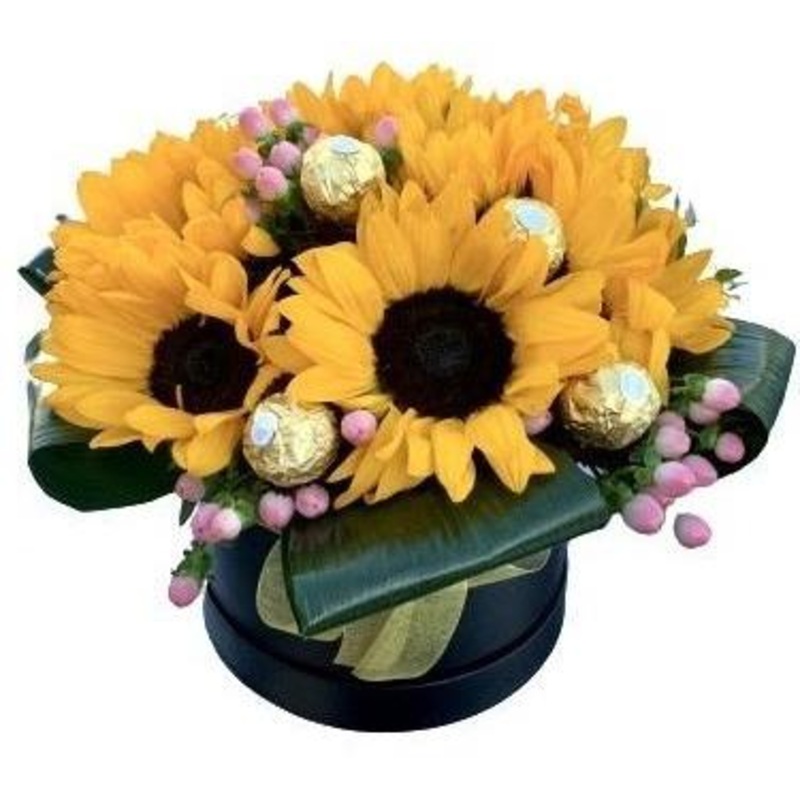Sunflowers with Chocolates-Small ( 5 Sunflowers + 5 Chocolates) & Medium (10 Sunflowers + 10 Chocolates) & Large ( 15 Sunflowers + 10 Chocolates) & Extra Large ( 20 Sunflowers + 20 Chocolates) & Luxury (25 Sunflowers + 25 Chocolates) & Glamour (35 Sunflow