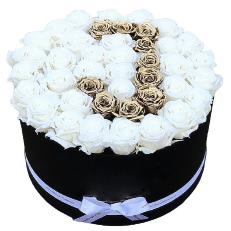 White and Gold Roses Initial Flower Box
