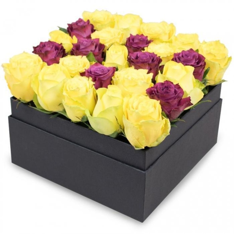 Yellow and Purple Roses Box-Small (16 stems) & Large (25 stems) & Glamour (30 stems) & Exclusive Glamour (36 stems) & Premium (49 stems) & Premium Extra (81 stems) & Posh (100 stems)-Square Box & Hat Box & Heart Box-BLACK BOX & CREAM BOX
