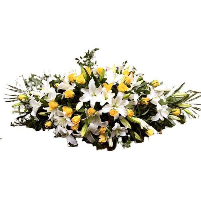 Lily and Roses Casket Cover-Small (25 Stems) – 20inch (50cm) & Medium (40 Stems) – 30inch (75cm) & Large (55 Stems) – 39inch (100cm) & Extra Large (70 Stems) – 52inch (130cm) & Luxury (85 Stems) – 63inch (160cm)