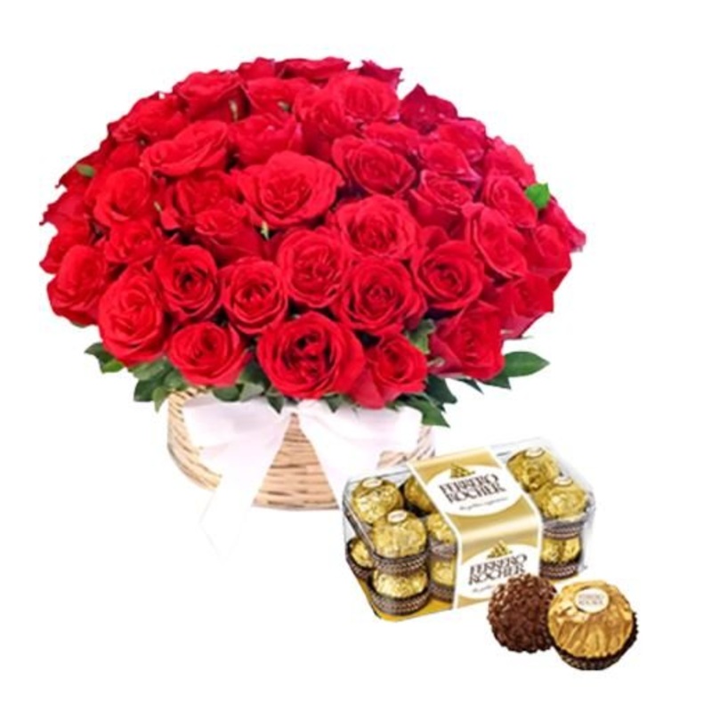 Luxury Roses in Basket with Chocolates Box