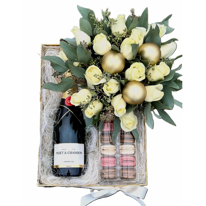 Moet and Macarons Gift Set-White (20 Roses) & Red (20 Roses) & Pink (20 Roses) & Lavender (20 Roses) & Red Blush (20 Roses) & Yellow (20 Roses) & Orange (20 Roses) & Cerise (20 Roses) & Blue (20 Roses) & Black (20 Roses) & Rainbow (20 Roses)