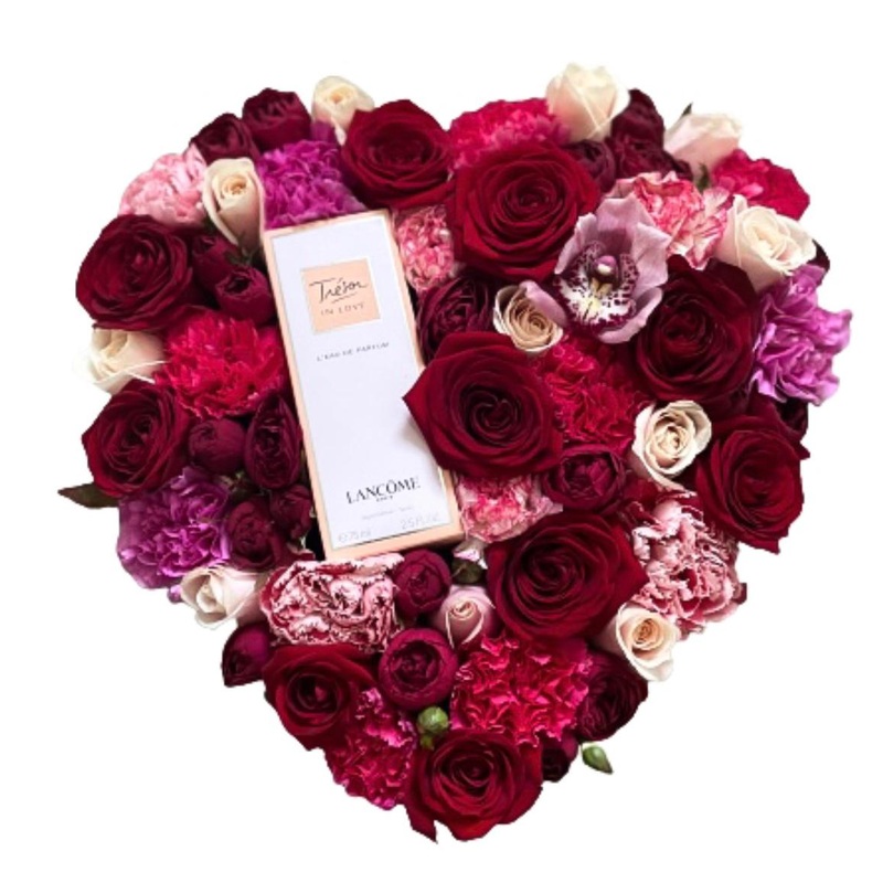 Perfume in Flowers Heart Box-Small (35 Stems + Perfume) & Medium (50 Stems + Perfume) & Large (65 Stems + Perfume) & Luxury (80 Stems + Perfume)-Lancme Idle Eau de Parfum 50ml & Lancme Idle Eau de Parfum 75ml & Lancme Trsor In Love Eau de Parf