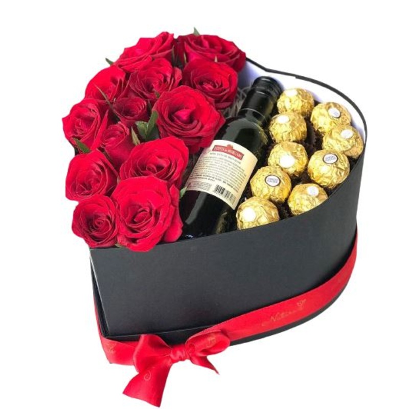 Roses with Chocolate and Wine Box