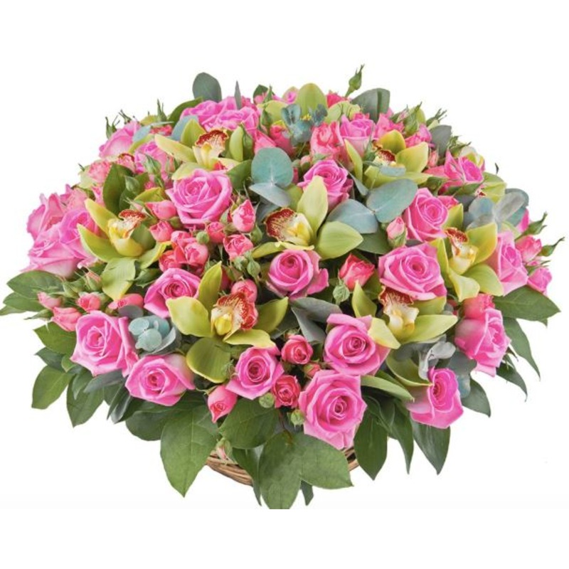 Roses with Cymbidium Basket-Small (15 stems) & Medium (25 stems) & Regular (35 stems) & Large (50 stems) & Extra Large (60 stems) & Luxury (75 stems) & Glamour (85 stems) & Exclusive Glamour (100 stems) & Premium (125 stems) & Premium Extra (150 stems) &