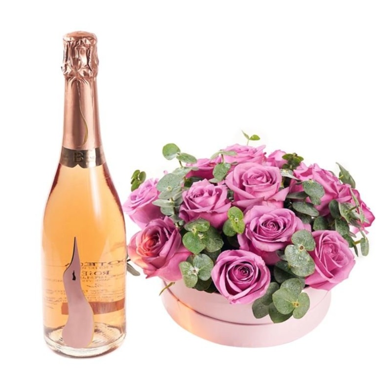 Roses with Eucalyptus Box and Bottle of Wine