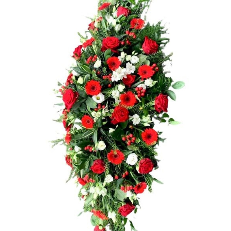 White and Red Casket Cover-Small (25 Stems) – 20inch (50cm) & Medium (40 Stems) – 30inch (75cm) & Large (55 Stems) – 39inch (100cm) & Extra Large (70 Stems) – 52inch (130cm) & Luxury (85 Stems) – 63inch (160cm)