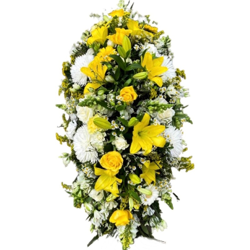 White and Yellow Casket Cover-Small (25 Stems) – 20inch (50cm) & Medium (40 Stems) – 30inch (75cm) & Large (55 Stems) – 39inch (100cm) & Extra Large (70 Stems) – 52inch (130cm) & Luxury (85 Stems) – 63inch (160cm)