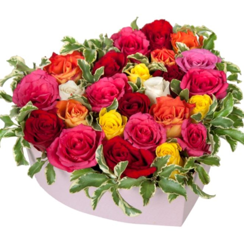 Colourful Roses with Greenery in a Box