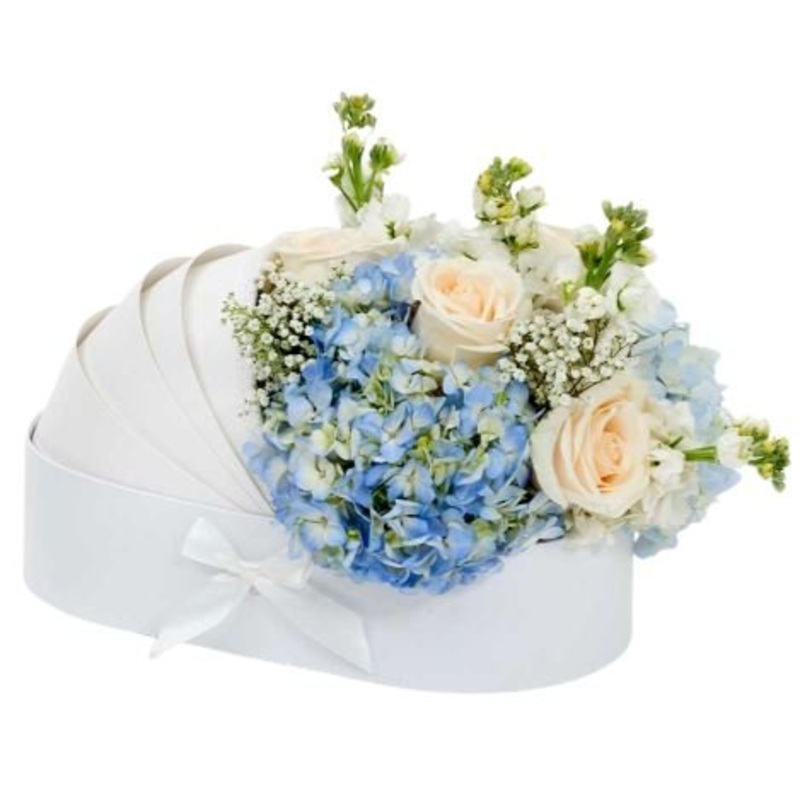 Luxury Flowers in Cradle Box-Small (15 Stems) & Medium (25 Stems) & Large (35 Stems) & Luxury (45 Stems) & Glamour (55 Stems)-White & Pink & Blue