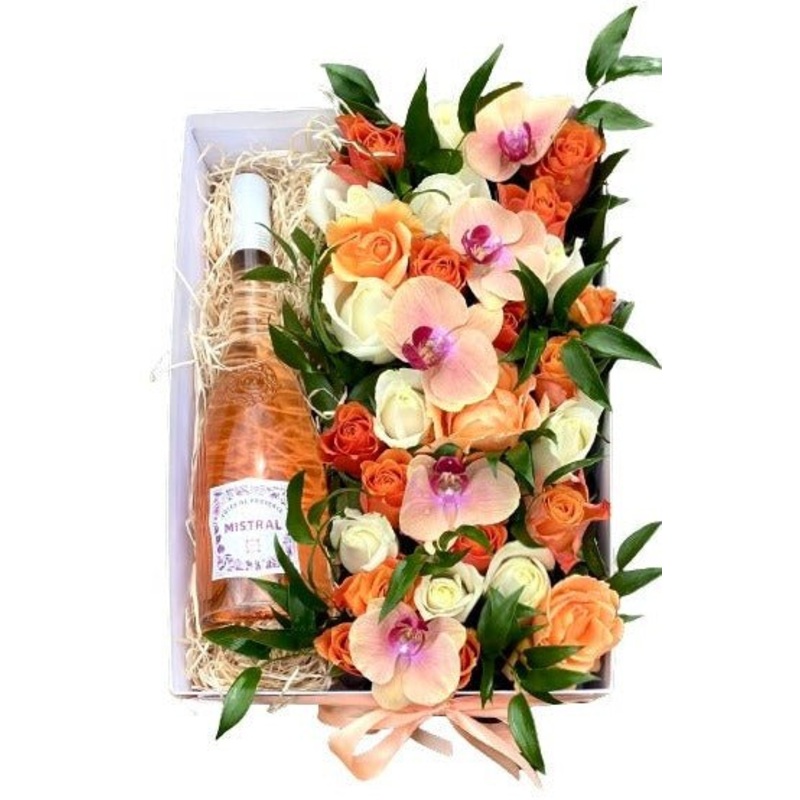 Peach Flowers Special Box with Bottle of Wine