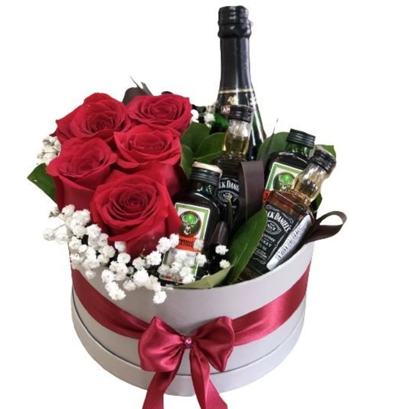 Roses and Mini Bottle of Alcohol Box