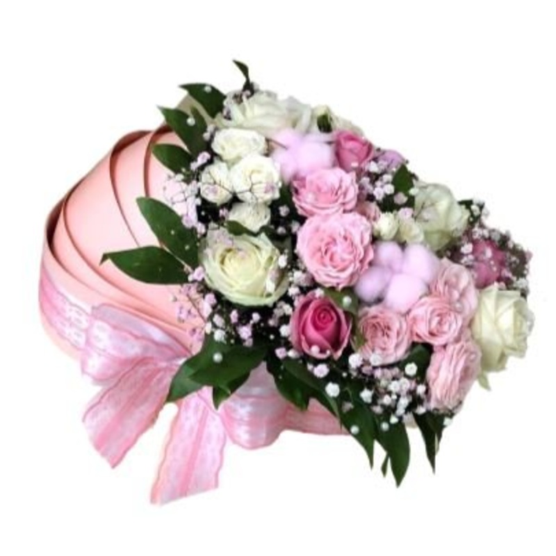 White and Pink Flowers with Pink Decoration Cradle Box