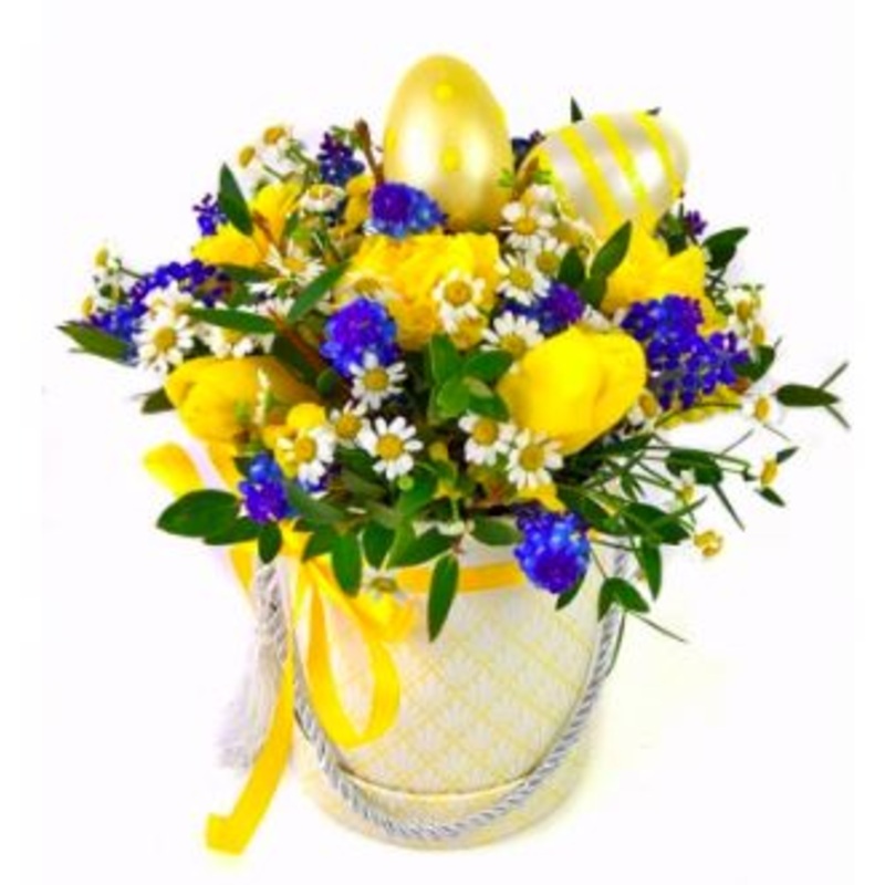 Yellow and Blue Easter Box-Small (15 stems) & Medium (25 stems) & Large (35 stems) & Extra Large (40 stems) & Luxury (50 stems) & Glamour (60 stems) & Exclusive Glamour (80 stems) & Premium (100 stems)-Hat Box & Square Box & Heart Box & Rectangle Box-YELL