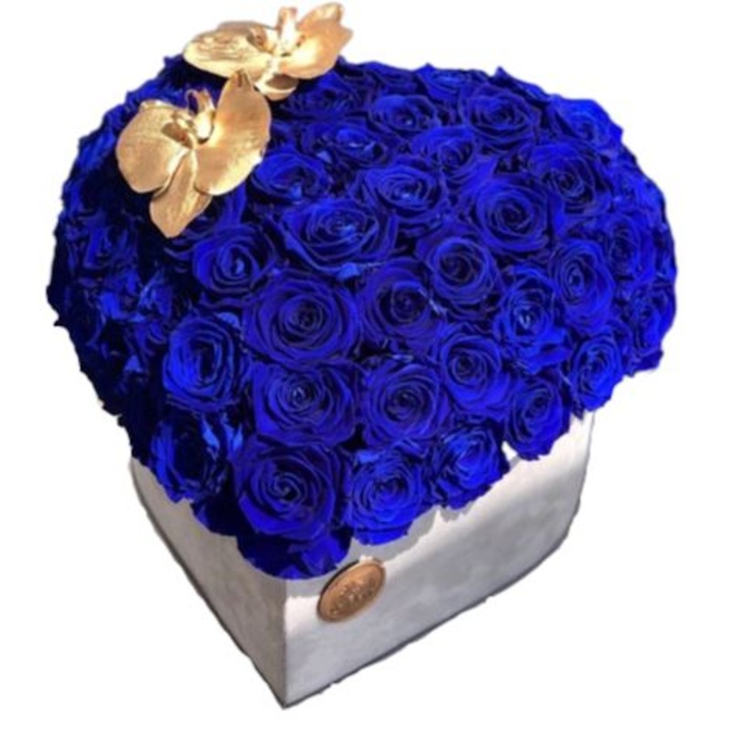 Gold Accent Blue Roses Box-Extra Small (20 stems) & Small (33 stems) & Medium (47 stems) & Regular (65 stems) & Large (87 stems) & Extra Large ( 100 stems) & Luxury (128 stems) & Glamour ( 160 stems) & Exclusive Glamour (180 stems) & Premium (200 stems)-H