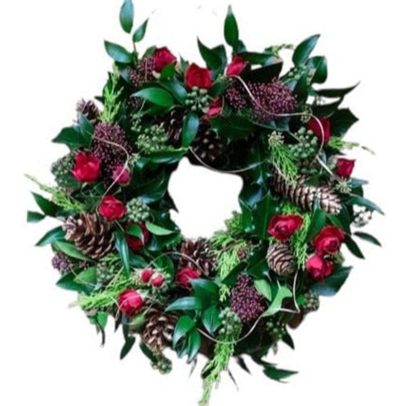 Red Spray Roses and Skimia Wreath