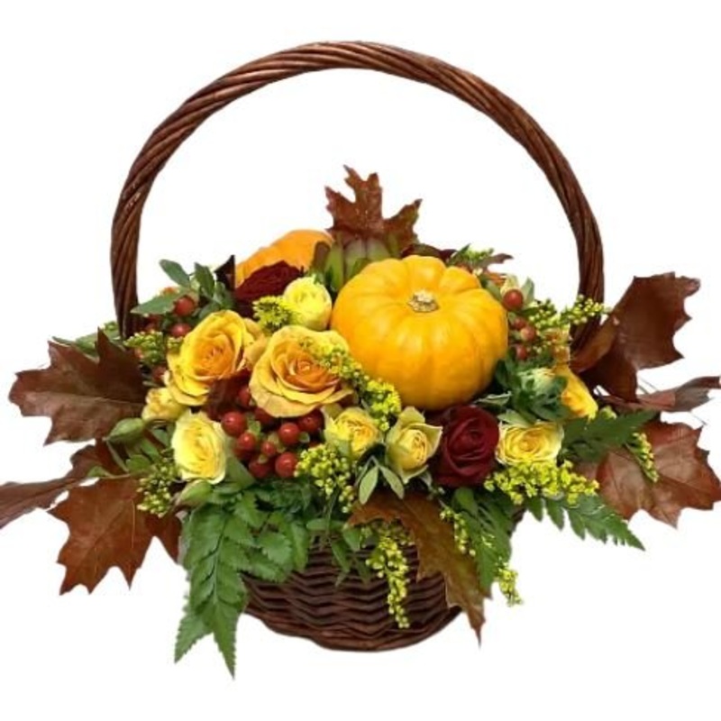 Autumn Basket with Pumpkin-Extra Small (15 stems) & Small (20 stems) & Medium (30 stems) & Standard (40 stems) & Large (50 stems) & Luxury (65 stems) & Glamour (80 stems) & Exclusive Glamour (100 stems)-Natural (brown) Basket & Black Basket & Orange Basket
