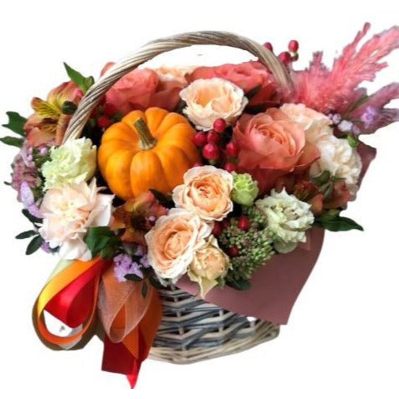 Autumn Flower Basket-Extra Small (15 stems) & Small (20 stems) & Regular (25 stems) & Medium (30 stems) & Regular (40 stems) & Large (50 stems) & Luxury (65 stems) & Glamour (80 stems) & Exclusive Glamour (100 stems)-Gray Basket & Natural Basket & White B