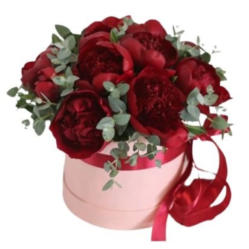Charm Red Peonies with Eucalyptus Box