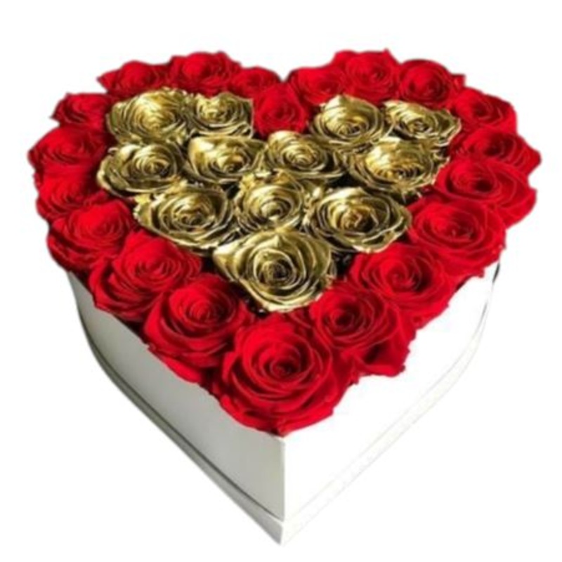 Gold Heart in Red Roses Box-Small (18 stems) & Regular (32 stems) & Large (44 stems) & Extra Large (56 stems) & Luxury (68 stems) & Glamour (80 stems) & Exclusive Glamour (98 stems ) & Premium (120 stems) & Posh (150 stems)-Heart Box & Hat Box-CREAM BOX &