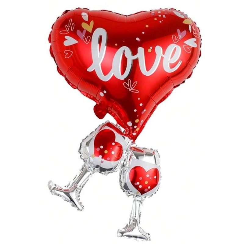 Heart-Shaped Balloon Adorned with Affection and wine glasses 70cm