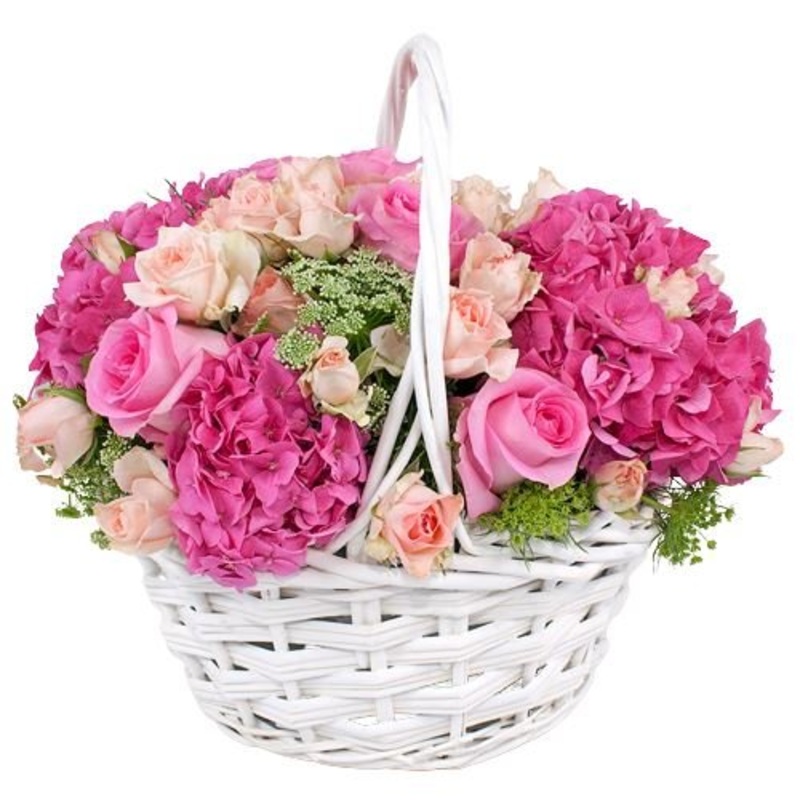 Pink and Peach Flower Basket-Extra Small (15 stems) & Small (20 stems) & Standard (28 stems) & Medium (35 stems) & Large (50 stems) & Extra Large (65 stems) & Luxury (75 stems) & Glamour (85 stems) & Premium (100 stems) & Posh (120 stems) & Deluxe (150 st