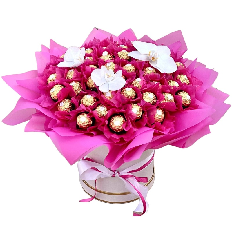 Pink Box of Chocolates with Phalaenopsis Flowers