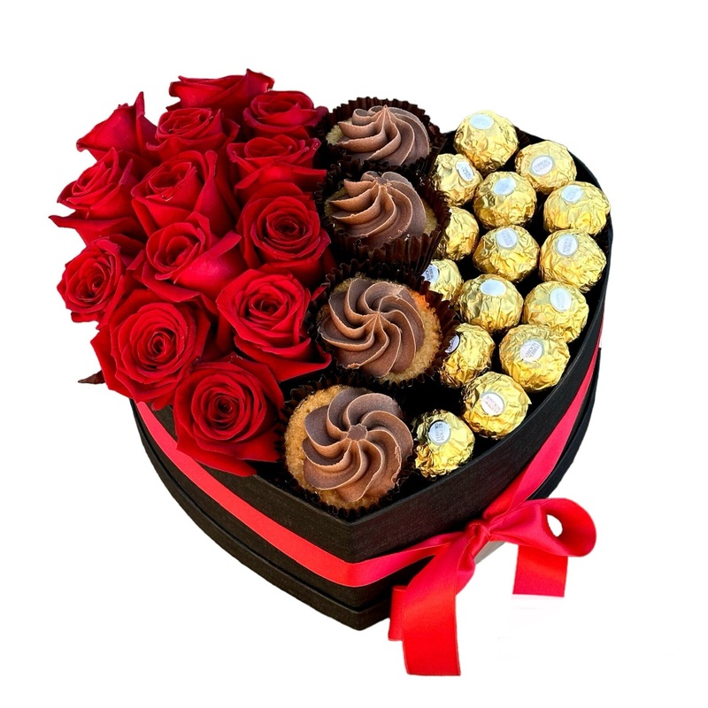 Roses and Sweets in a Box-Small (13 Roses +  15 Chocolates + 4 Cupcakes) & Regular (22 Roses +  20 Chocolates + 5 Cupcakes) & Large 35 Roses + 28 Chocolates + 6 Cupcakes)-Red Roses +  Black Box & Pink Roses + Black Box & Red Roses + Red Box & WhitRoses +