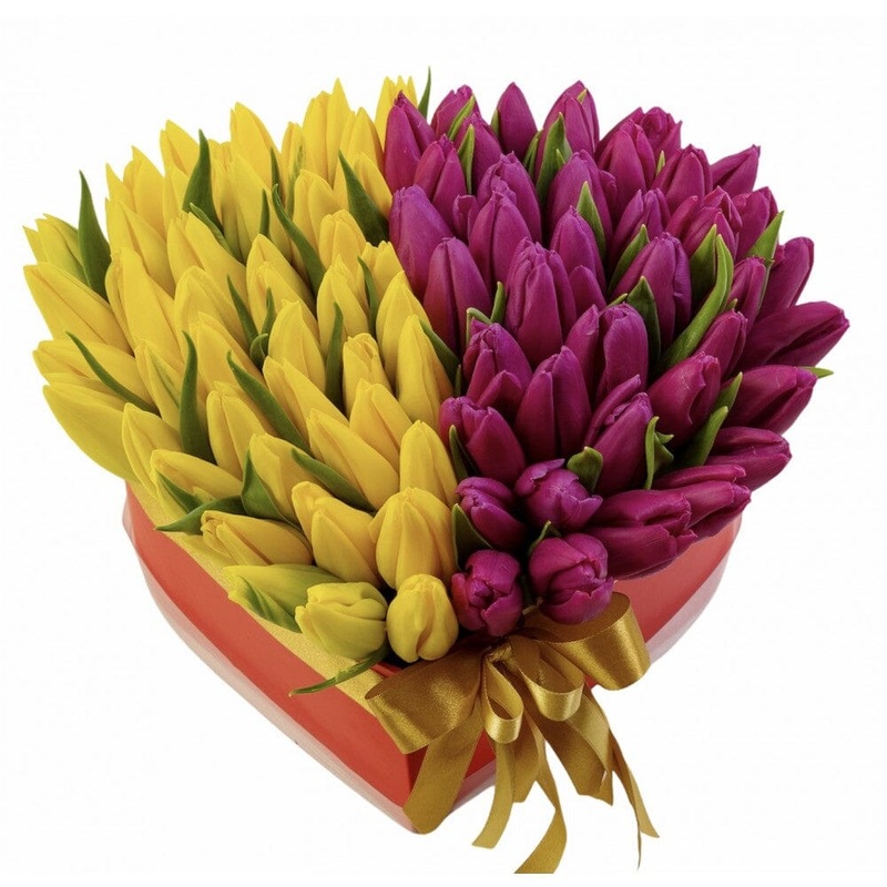Tulips Duet Heart Box-Small (50 stems) & Medium (70 stems) & Large (80 stems) & Extra Large (100 stems) & Luxury (125 stems) & Glamour (150 stems) & Exclusive Glamour (180 stems) & Premium (200 stems)-Yellow / Purple Tulips & Yellow / Pink Tulips & Yellow