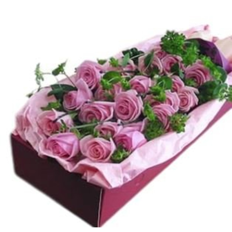 Two Dozen Pink Roses with Greenery Box