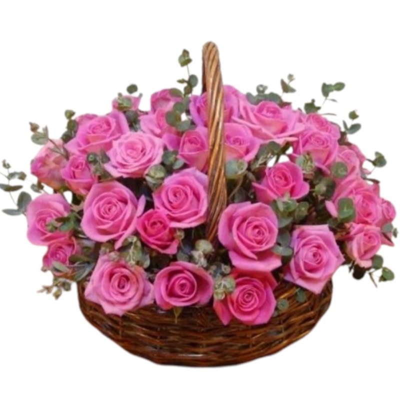 Pink Roses with Eucalyptus Basket