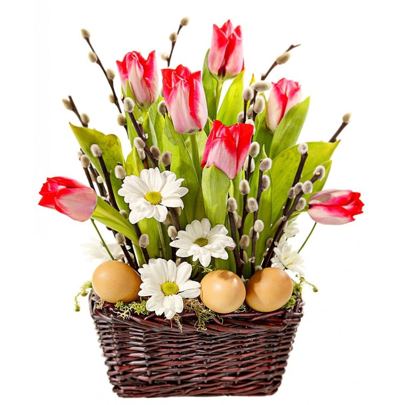 Tulips and Catkins Basket-Extra Small (10 stems) & Small (15 stems) & Medium (20 stems) & Large (30 stems) & Extra Large (40 stems) & Luxury (50 stems) & Glamour (60 stems) & Exclusive Glamour (80 stems) & Premium (100 stems)-Natural (brown) Basket & Crea
