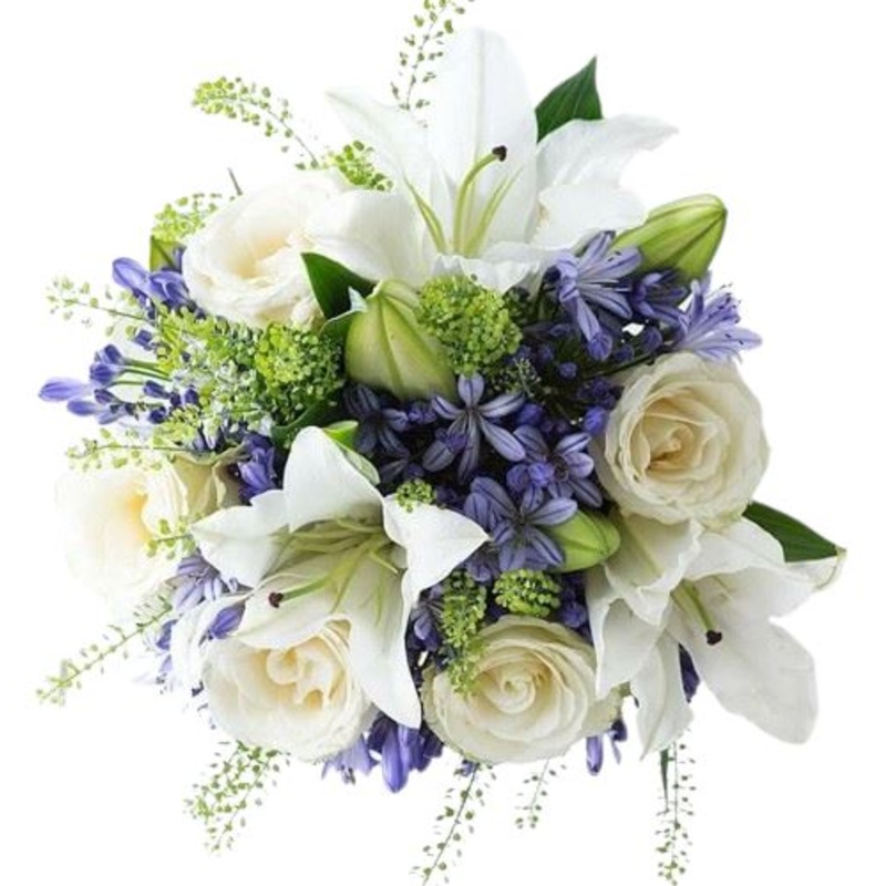 White Lily in Blue Bouquet-Extra Small (15 stems) & Small (20 stems) & Regular (30 stems) & Large (45 stems) & Luxury (55 stems) & Glamour (65 stems) & Exclusive Glamour (80 stems) & Premium (100 stems)