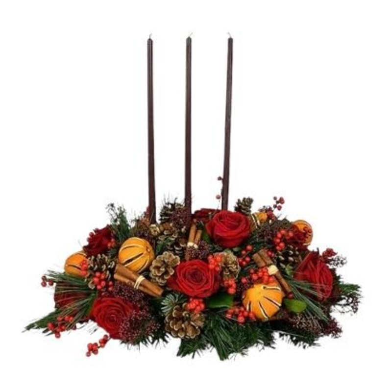 Centerpiece of Red Roses and Dried Orange Fruits