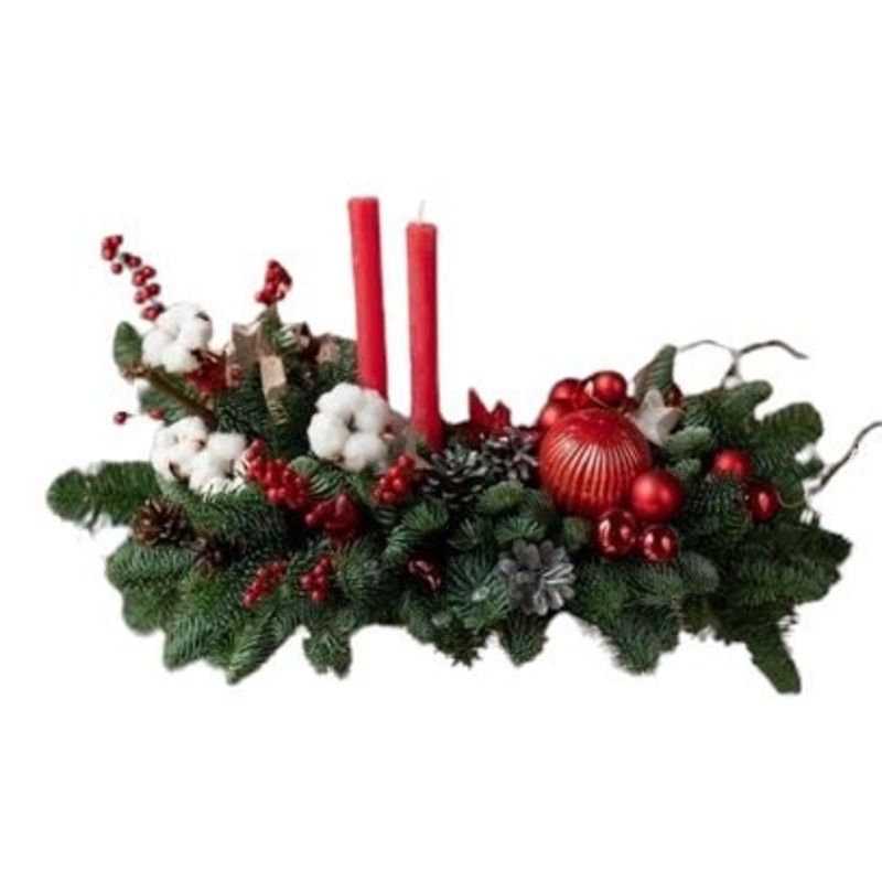 Red Ilex Berry and Cotton Stunning Centerpiece