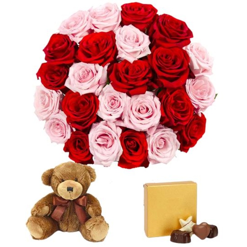 Bouquet of Red and Pink Roses with Chocolate and Teddy Bear