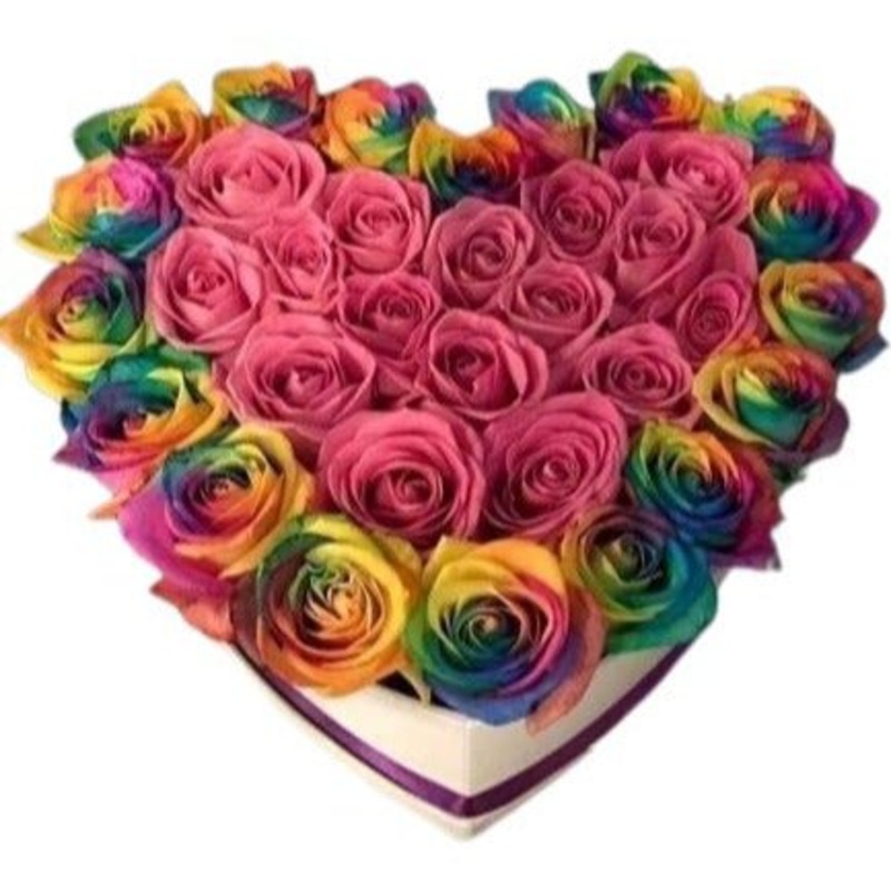 Box of Pink Roses in Rainbow Roses Heart