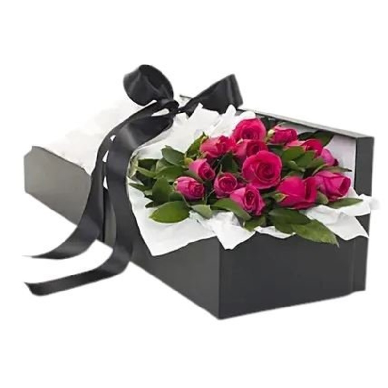 Dozen Cerise Roses Luxury Box-BLACK & GRAY & CREAM