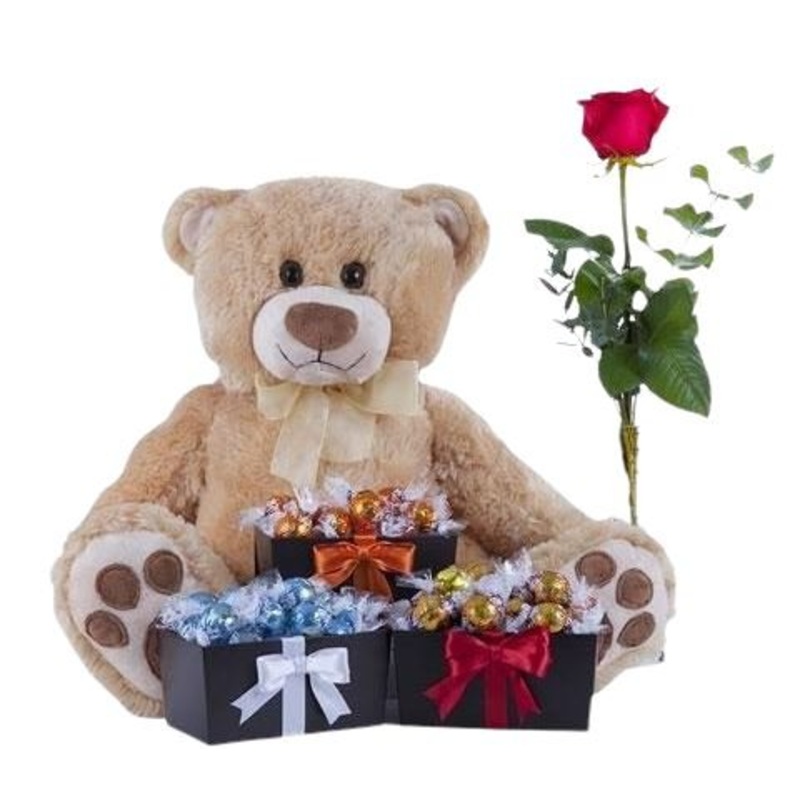 Giant Teddy Bear with Single Roses and Lindt Chocolate Gift Set