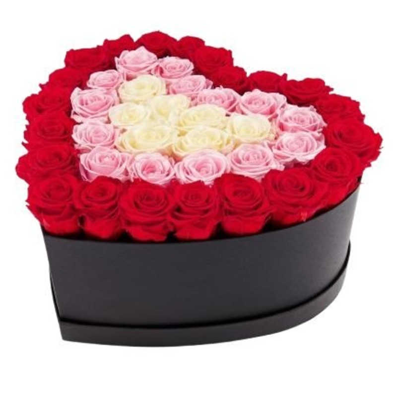 Gorgeous Three Hearts Box-Regular (40 stems) & Medium (50 stems) & Large (60 stems) & Extra Large (80 stems) & Luxury (100 stems) & Glamour (150 stems) & Exclusive Glamour (200 stems) & Premium (250 stems) & Posh (300 stems)-Heart Box & Hat Box-BLACK BOX