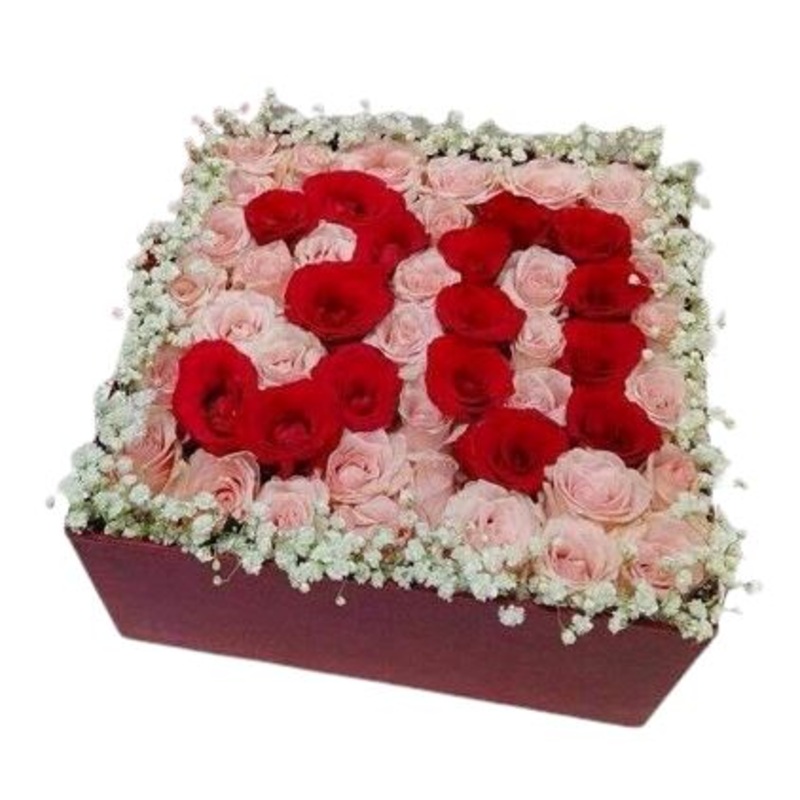 Lovely Personalized Box of Red and Pink Roses with Gypsophila