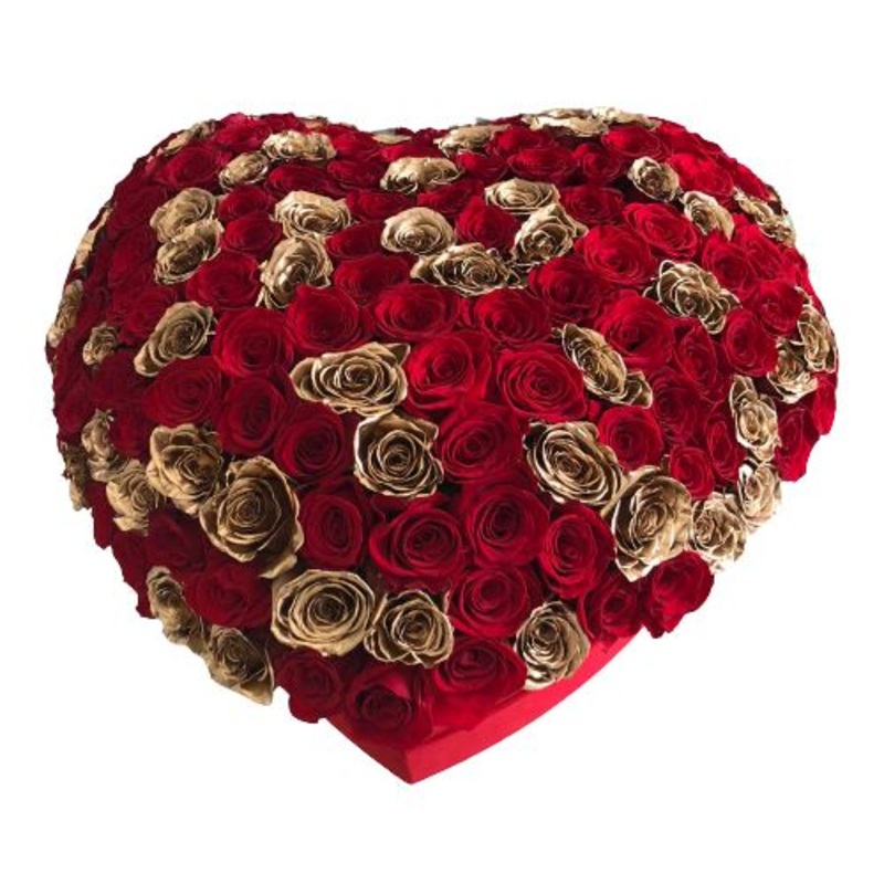 Luxury Heart Box of Gold and Red Roses