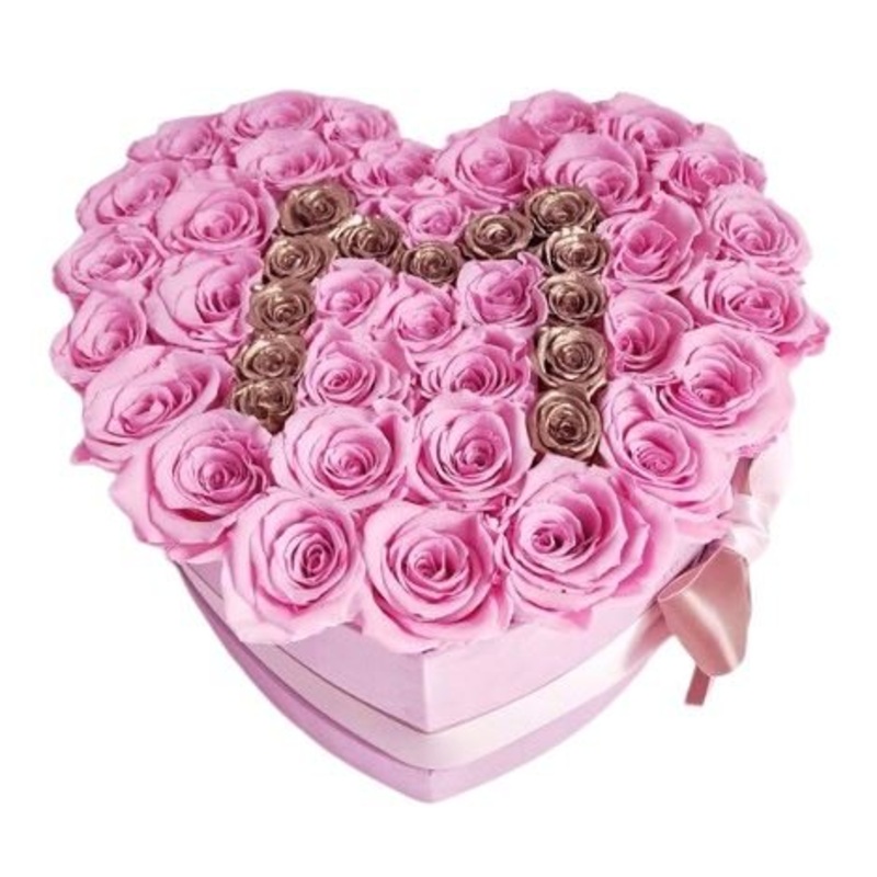 Pink and Rose Gold Roses Initial Flower Box