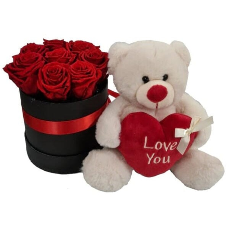 Roses Box with I Love You Teddy Bear Gift Set