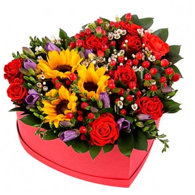 Sunflowers with Red Spray Rose Box